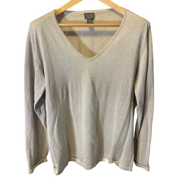 Additions by Chico's Gold Metallic V Neck Long Sleeve Knit Sweater Sz XL - Picture 1 of 8